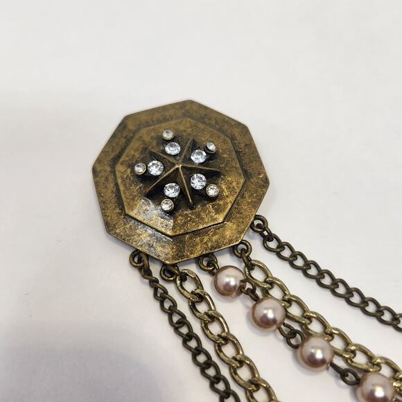 Fleur de Lis Shield  Brass Tone Sweater Brooch Pin Multi Chain Accent Rhinestone - Picture 2 of 5